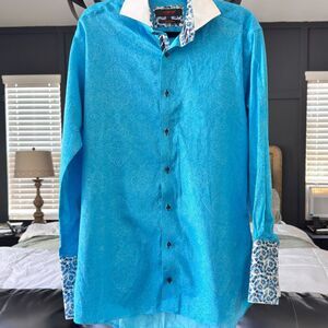 AXXESS Men’s Shirt Large Turquoise Paisley Long Sleeve Button-Up Contrast Collar